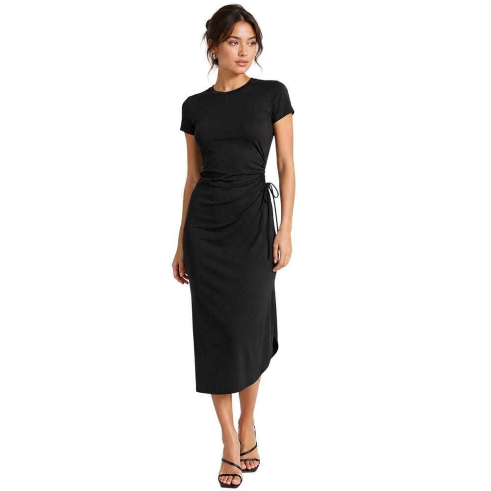 Theory Jilaena Ribbed Viscose Side Ruched Shirt Midi Dress Black Women's Size P
